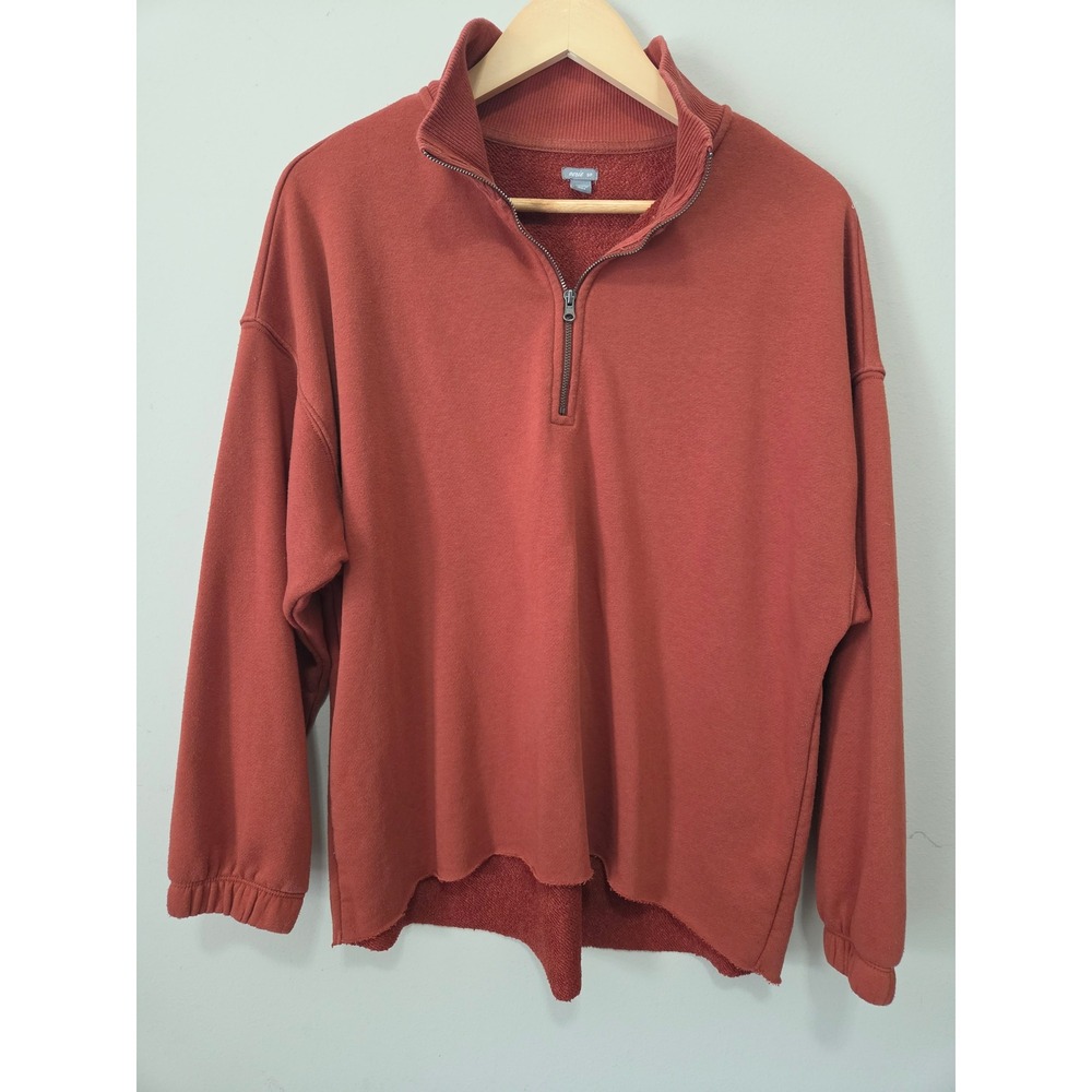 Aerie Womens Small Rust Orange Quarter Zip Fleece Pullover Raw Hem Sweatshirt